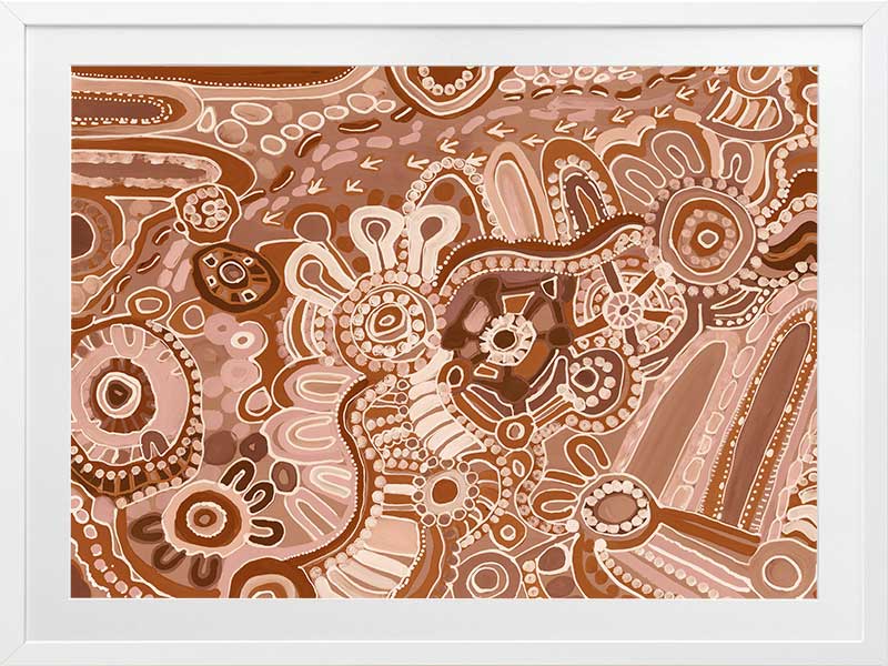 Lively artwork with pink and brown circular motifs, radiating forms, and decorative detailing over a warm clay background. From the Maria Watson-Trudgett collection with Urban Road.