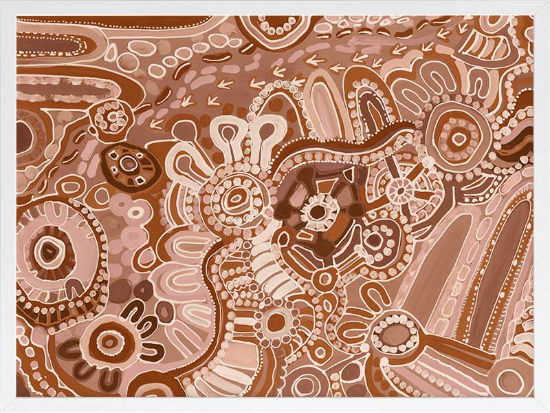 Lively artwork with pink and brown circular motifs, radiating forms, and decorative detailing over a warm clay background. From the Maria Watson-Trudgett collection with Urban Road.