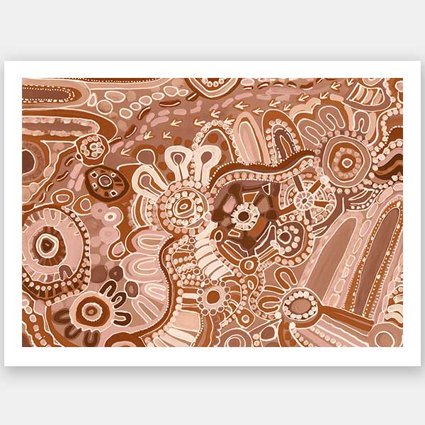 Lively artwork with pink and brown circular motifs, radiating forms, and decorative detailing over a warm clay background. From the Maria Watson-Trudgett collection with Urban Road.