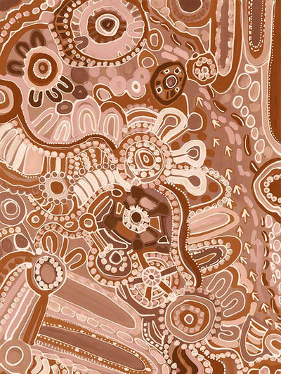 Lively artwork with pink and brown circular motifs, radiating forms, and decorative detailing over a warm clay background. From the Maria Watson-Trudgett collection with Urban Road.