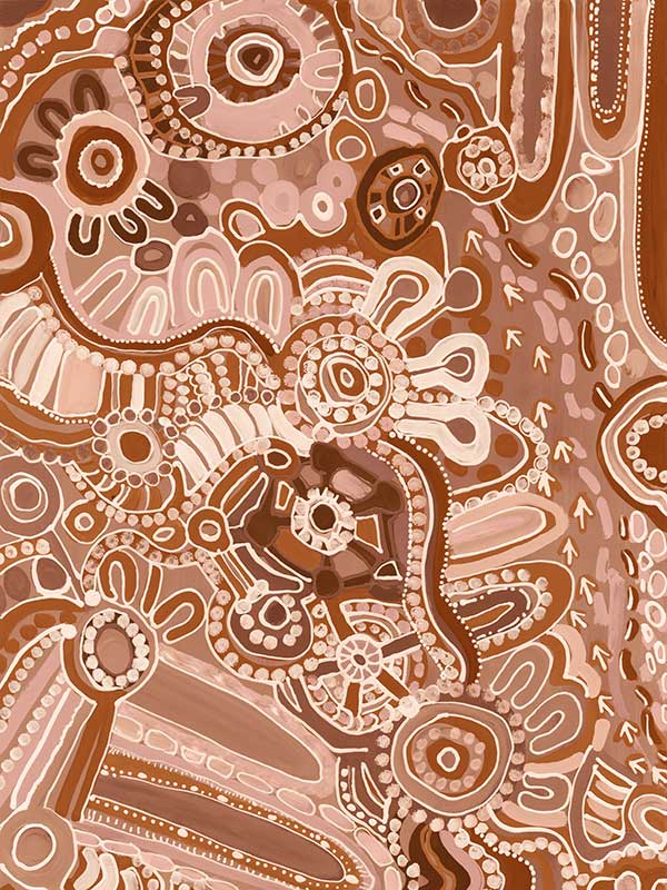 Lively artwork with pink and brown circular motifs, radiating forms, and decorative detailing over a warm clay background. From the Maria Watson-Trudgett collection with Urban Road.