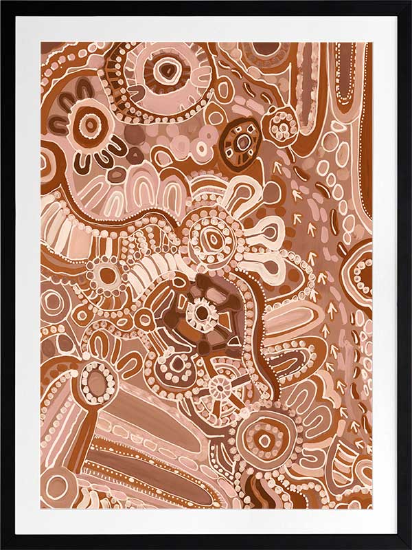 Lively artwork with pink and brown circular motifs, radiating forms, and decorative detailing over a warm clay background. From the Maria Watson-Trudgett collection with Urban Road.
