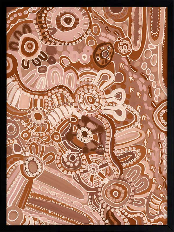 Lively artwork with pink and brown circular motifs, radiating forms, and decorative detailing over a warm clay background. From the Maria Watson-Trudgett collection with Urban Road.