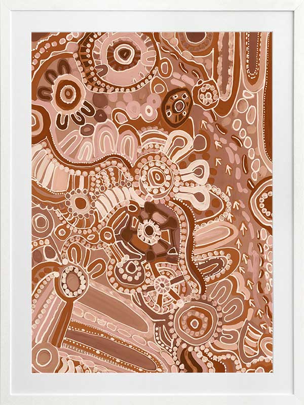 Lively artwork with pink and brown circular motifs, radiating forms, and decorative detailing over a warm clay background. From the Maria Watson-Trudgett collection with Urban Road.