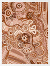 Lively artwork with pink and brown circular motifs, radiating forms, and decorative detailing over a warm clay background. From the Maria Watson-Trudgett collection with Urban Road.
