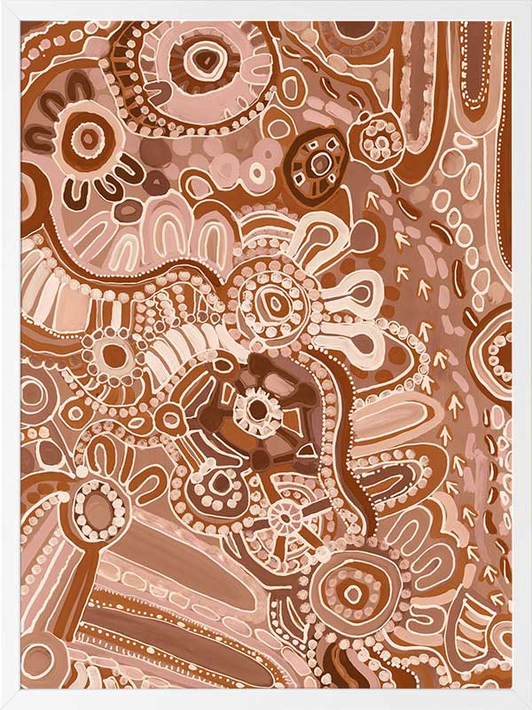 Lively artwork with pink and brown circular motifs, radiating forms, and decorative detailing over a warm clay background. From the Maria Watson-Trudgett collection with Urban Road.
