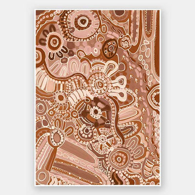 Lively artwork with pink and brown circular motifs, radiating forms, and decorative detailing over a warm clay background. From the Maria Watson-Trudgett collection with Urban Road.