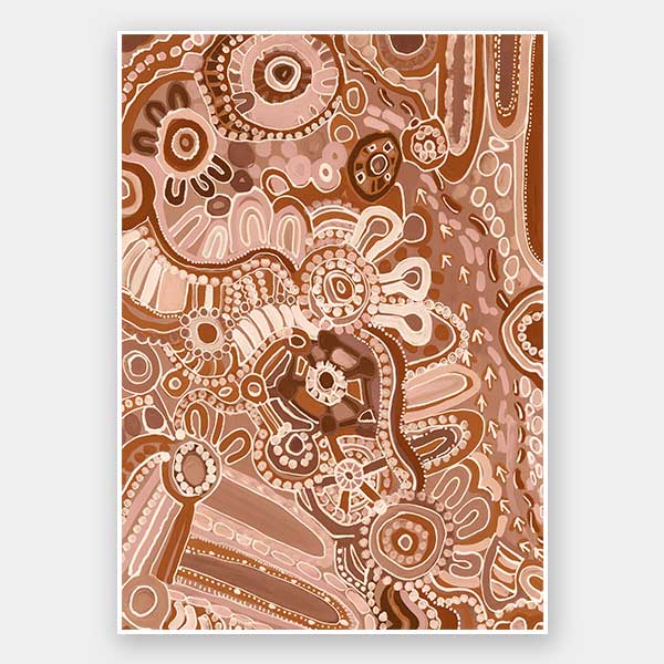 Lively artwork with pink and brown circular motifs, radiating forms, and decorative detailing over a warm clay background. From the Maria Watson-Trudgett collection with Urban Road.