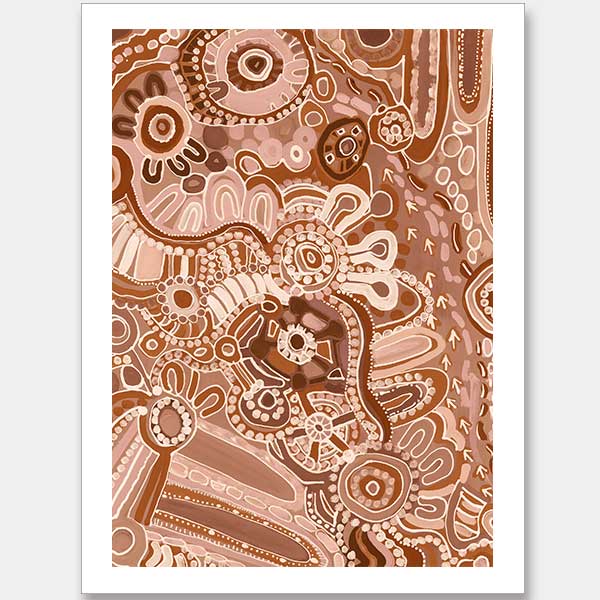 Lively artwork with pink and brown circular motifs, radiating forms, and decorative detailing over a warm clay background. From the Maria Watson-Trudgett collection with Urban Road.
