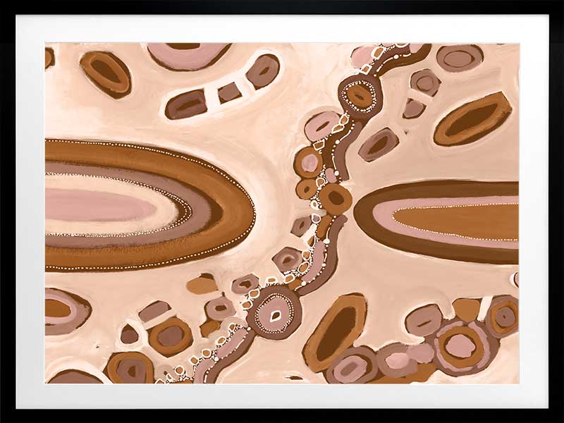 Soft pink and nude-toned composition with large oval forms, fine dotted trails, and stylised floral patterns. From the Maria Watson-Trudgett collection with Urban Road.