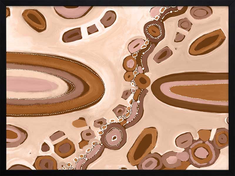 Soft pink and nude-toned composition with large oval forms, fine dotted trails, and stylised floral patterns. From the Maria Watson-Trudgett collection with Urban Road.