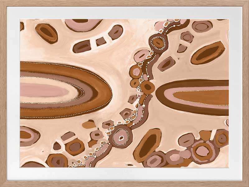 Soft pink and nude-toned composition with large oval forms, fine dotted trails, and stylised floral patterns. From the Maria Watson-Trudgett collection with Urban Road.