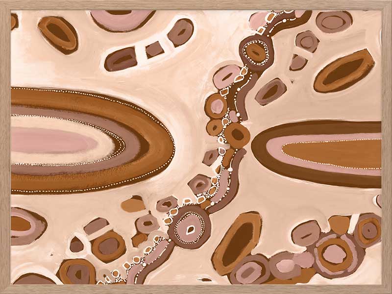 Soft pink and nude-toned composition with large oval forms, fine dotted trails, and stylised floral patterns. From the Maria Watson-Trudgett collection with Urban Road.