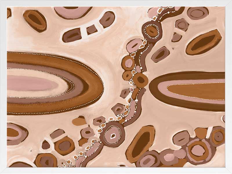 Soft pink and nude-toned composition with large oval forms, fine dotted trails, and stylised floral patterns. From the Maria Watson-Trudgett collection with Urban Road.