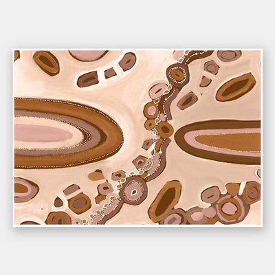 Soft pink and nude-toned composition with large oval forms, fine dotted trails, and stylised floral patterns. From the Maria Watson-Trudgett collection with Urban Road.