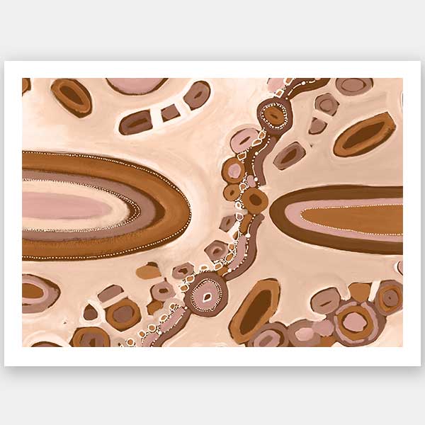 Soft pink and nude-toned composition with large oval forms, fine dotted trails, and stylised floral patterns. From the Maria Watson-Trudgett collection with Urban Road.