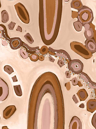 Soft pink and nude-toned composition with large oval forms, fine dotted trails, and stylised floral patterns. From the Maria Watson-Trudgett collection with Urban Road.