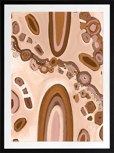 Soft pink and nude-toned composition with large oval forms, fine dotted trails, and stylised floral patterns. From the Maria Watson-Trudgett collection with Urban Road.