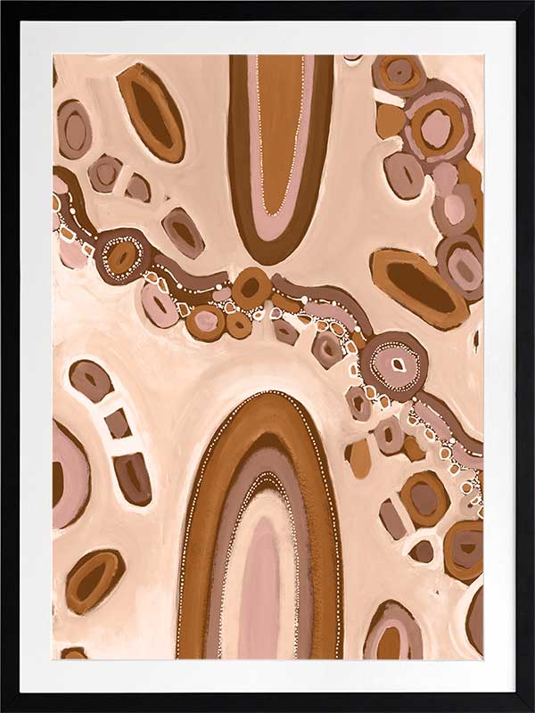 Soft pink and nude-toned composition with large oval forms, fine dotted trails, and stylised floral patterns. From the Maria Watson-Trudgett collection with Urban Road.