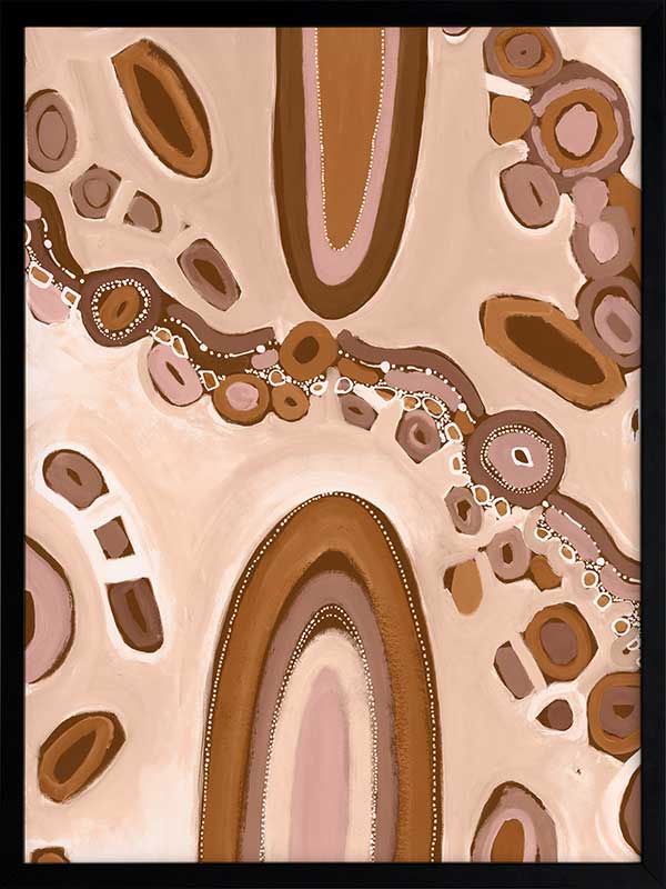 Soft pink and nude-toned composition with large oval forms, fine dotted trails, and stylised floral patterns. From the Maria Watson-Trudgett collection with Urban Road.