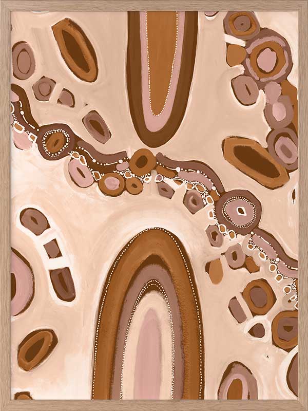 Soft pink and nude-toned composition with large oval forms, fine dotted trails, and stylised floral patterns. From the Maria Watson-Trudgett collection with Urban Road.