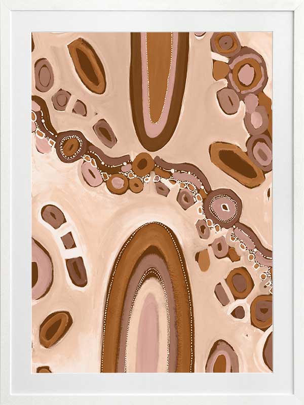 Soft pink and nude-toned composition with large oval forms, fine dotted trails, and stylised floral patterns. From the Maria Watson-Trudgett collection with Urban Road.