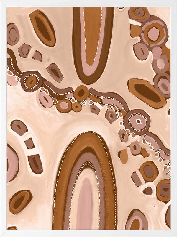 Soft pink and nude-toned composition with large oval forms, fine dotted trails, and stylised floral patterns. From the Maria Watson-Trudgett collection with Urban Road.