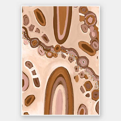 Soft pink and nude-toned composition with large oval forms, fine dotted trails, and stylised floral patterns. From the Maria Watson-Trudgett collection with Urban Road.