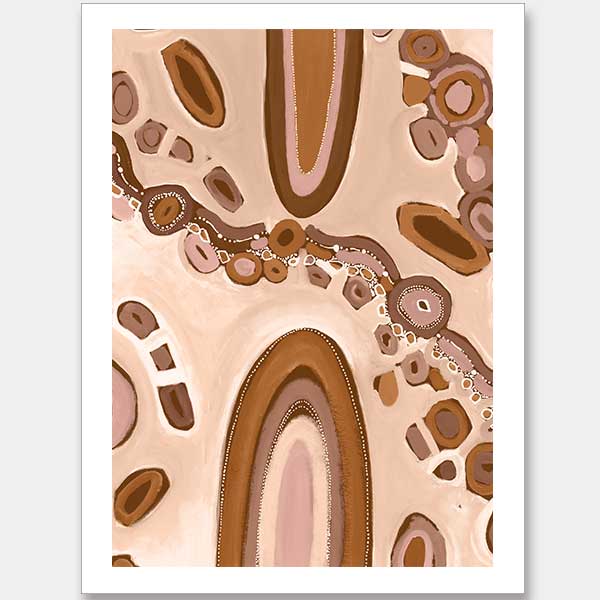 Soft pink and nude-toned composition with large oval forms, fine dotted trails, and stylised floral patterns. From the Maria Watson-Trudgett collection with Urban Road.