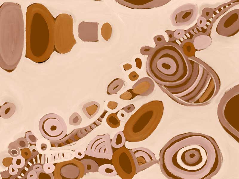 Pink-toned abstract artwork with earthy circular patterns, dotted trails, and bold geometric forms. From the Maria Watson-Trudgett collection with Urban Road.