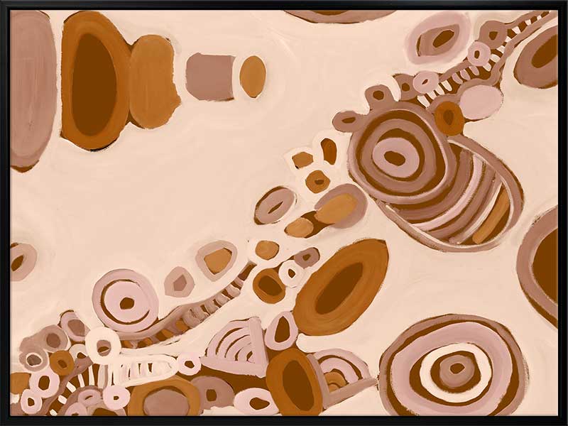 Pink-toned abstract artwork with earthy circular patterns, dotted trails, and bold geometric forms. From the Maria Watson-Trudgett collection with Urban Road.