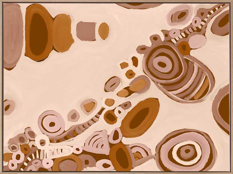 Pink-toned abstract artwork with earthy circular patterns, dotted trails, and bold geometric forms. From the Maria Watson-Trudgett collection with Urban Road.