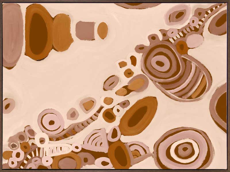 Pink-toned abstract artwork with earthy circular patterns, dotted trails, and bold geometric forms. From the Maria Watson-Trudgett collection with Urban Road.