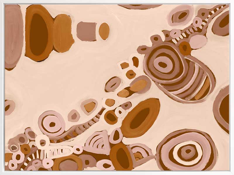 Pink-toned abstract artwork with earthy circular patterns, dotted trails, and bold geometric forms. From the Maria Watson-Trudgett collection with Urban Road.