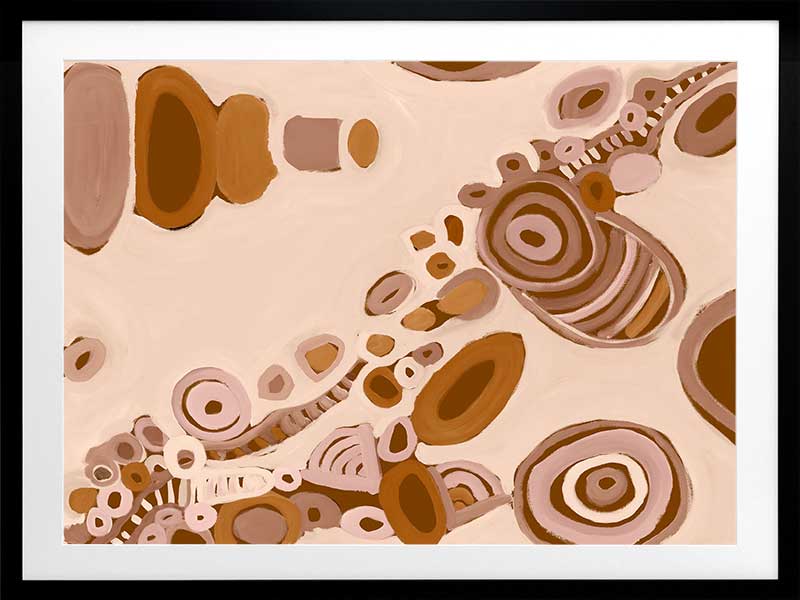 Pink-toned abstract artwork with earthy circular patterns, dotted trails, and bold geometric forms. From the Maria Watson-Trudgett collection with Urban Road.