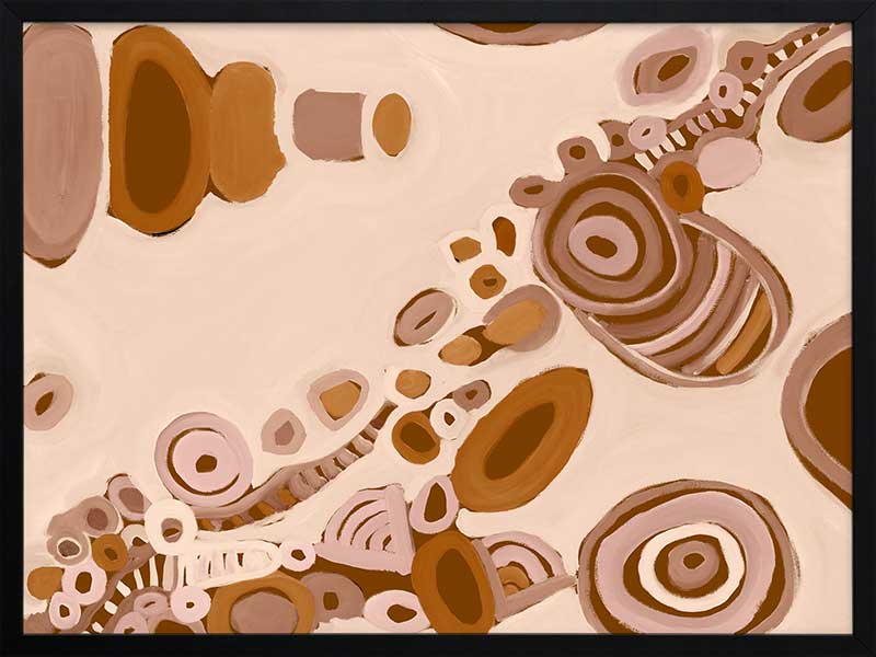 Pink-toned abstract artwork with earthy circular patterns, dotted trails, and bold geometric forms. From the Maria Watson-Trudgett collection with Urban Road.