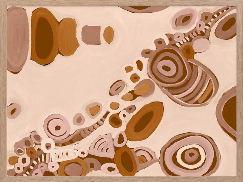 Pink-toned abstract artwork with earthy circular patterns, dotted trails, and bold geometric forms. From the Maria Watson-Trudgett collection with Urban Road.