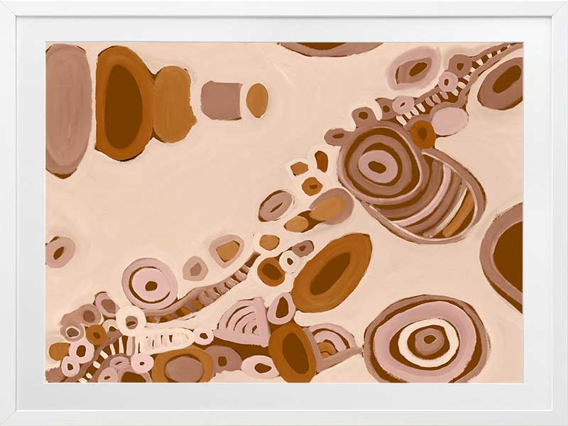 Pink-toned abstract artwork with earthy circular patterns, dotted trails, and bold geometric forms. From the Maria Watson-Trudgett collection with Urban Road.