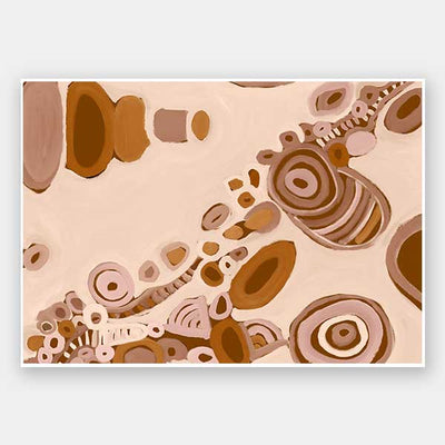 Pink-toned abstract artwork with earthy circular patterns, dotted trails, and bold geometric forms. From the Maria Watson-Trudgett collection with Urban Road.