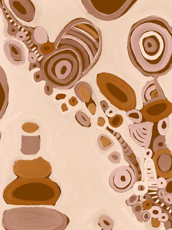 Pink-toned abstract artwork with earthy circular patterns, dotted trails, and bold geometric forms. From the Maria Watson-Trudgett collection with Urban Road.