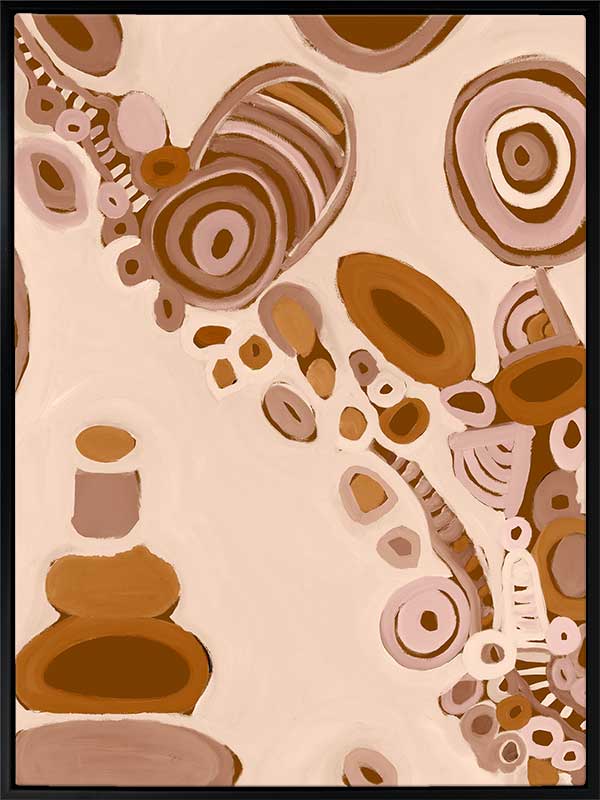 Pink-toned abstract artwork with earthy circular patterns, dotted trails, and bold geometric forms. From the Maria Watson-Trudgett collection with Urban Road.