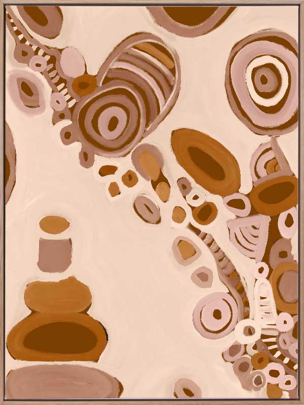 Pink-toned abstract artwork with earthy circular patterns, dotted trails, and bold geometric forms. From the Maria Watson-Trudgett collection with Urban Road.