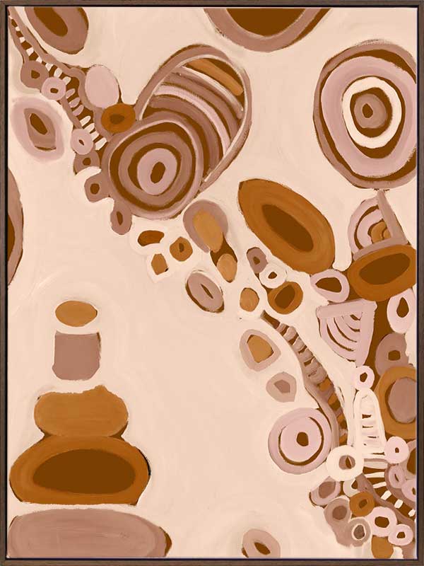 Pink-toned abstract artwork with earthy circular patterns, dotted trails, and bold geometric forms. From the Maria Watson-Trudgett collection with Urban Road.