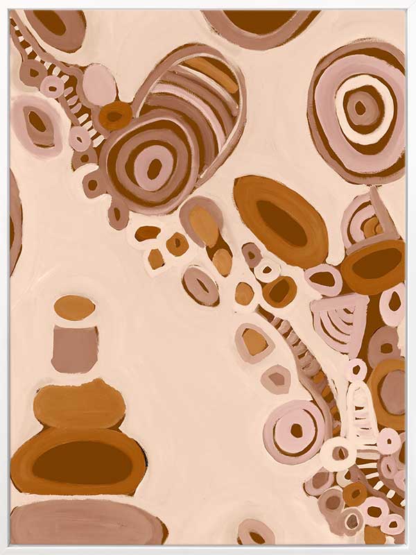 Pink-toned abstract artwork with earthy circular patterns, dotted trails, and bold geometric forms. From the Maria Watson-Trudgett collection with Urban Road.