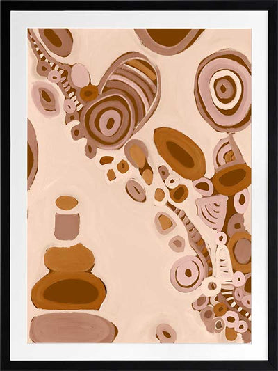 Pink-toned abstract artwork with earthy circular patterns, dotted trails, and bold geometric forms. From the Maria Watson-Trudgett collection with Urban Road.