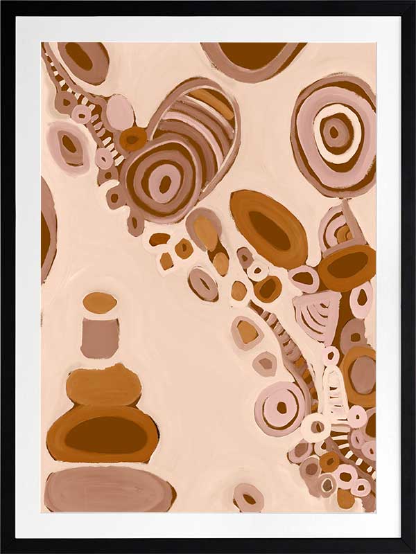 Pink-toned abstract artwork with earthy circular patterns, dotted trails, and bold geometric forms. From the Maria Watson-Trudgett collection with Urban Road.