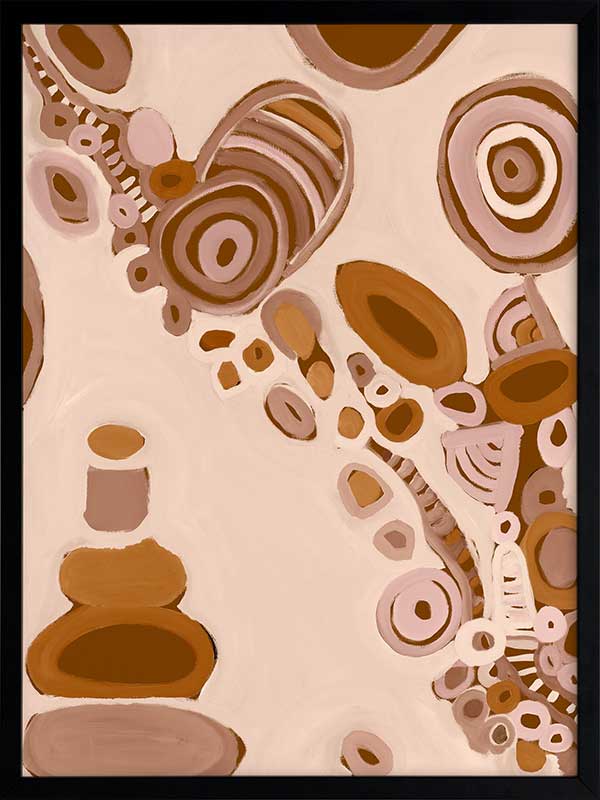 Pink-toned abstract artwork with earthy circular patterns, dotted trails, and bold geometric forms. From the Maria Watson-Trudgett collection with Urban Road.