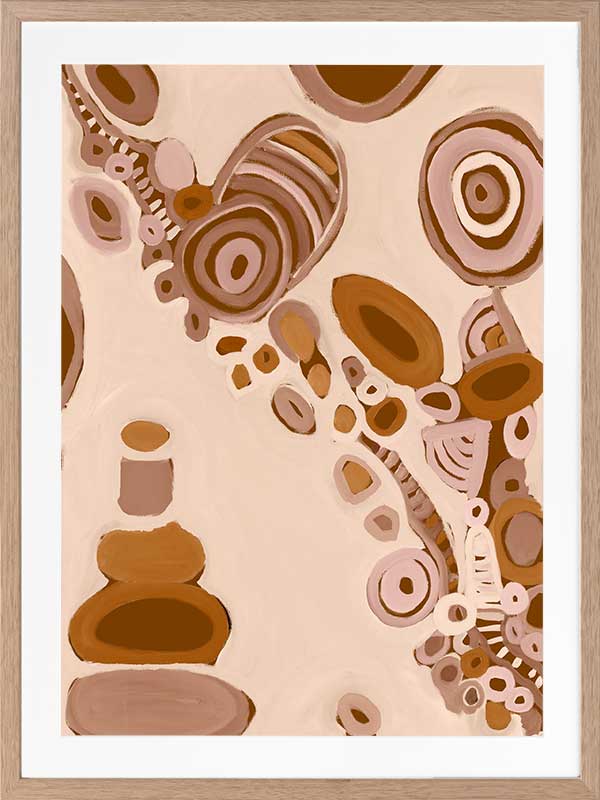 Pink-toned abstract artwork with earthy circular patterns, dotted trails, and bold geometric forms. From the Maria Watson-Trudgett collection with Urban Road.