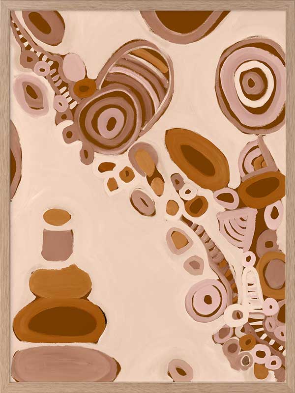 Pink-toned abstract artwork with earthy circular patterns, dotted trails, and bold geometric forms. From the Maria Watson-Trudgett collection with Urban Road.