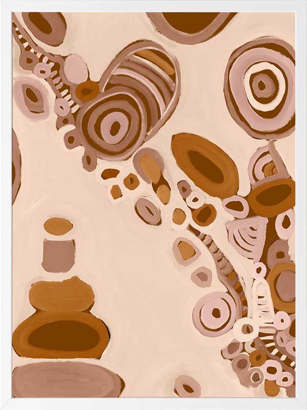 Pink-toned abstract artwork with earthy circular patterns, dotted trails, and bold geometric forms. From the Maria Watson-Trudgett collection with Urban Road.